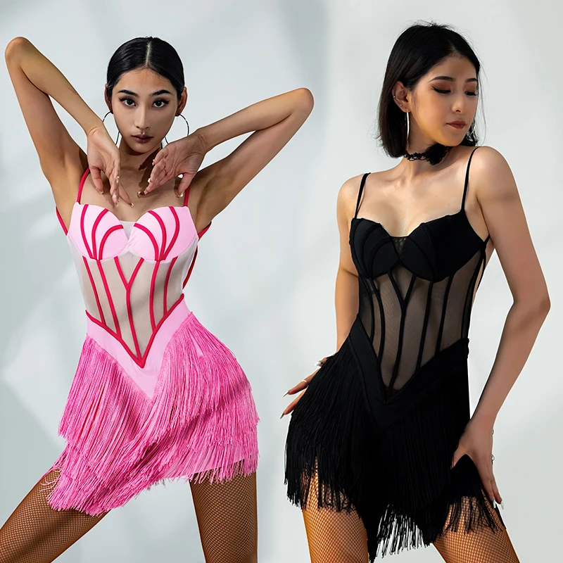 

Latin Dance Dress Women Perspective Sexy Mesh Suspender Fringe Dress Cha Cha Samba Rumba Salsa Dance Performance Clothing BL8522