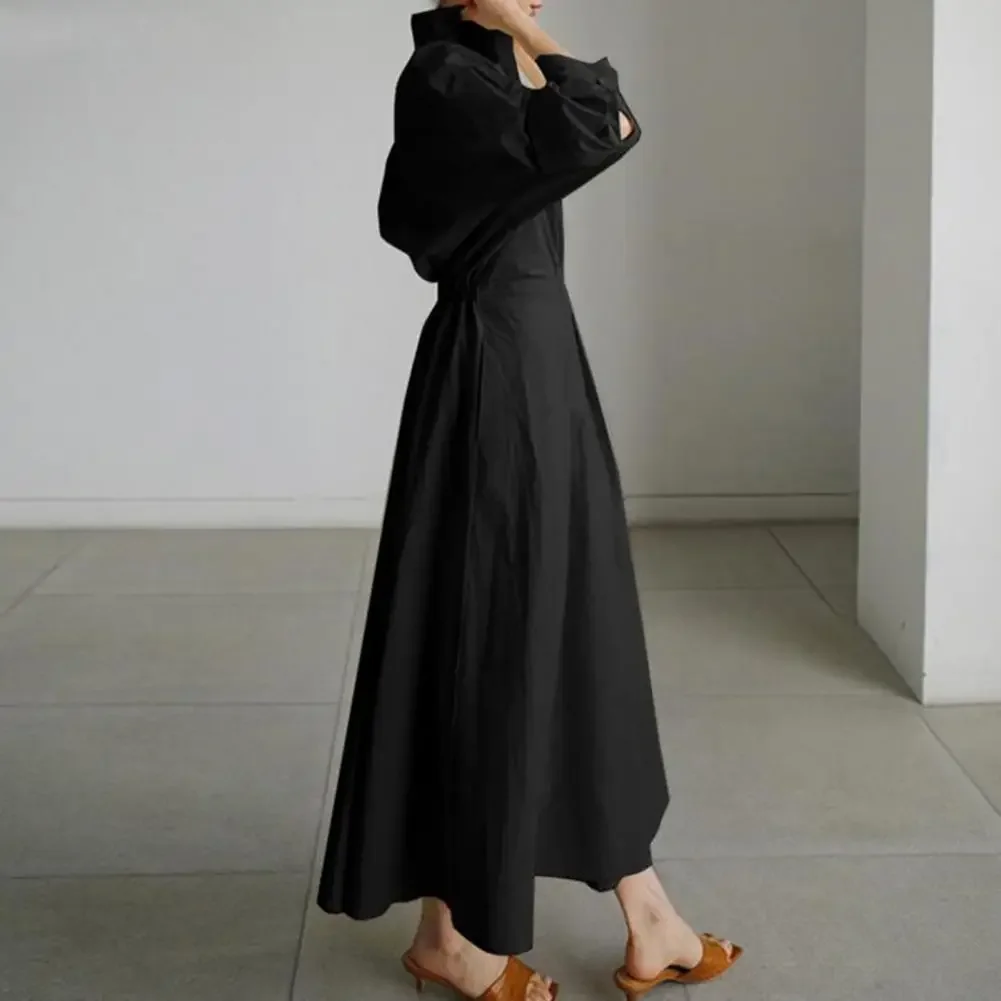 أنيقة طية صدر السترة الياقة ألف خط فستان طويل ملابس نسائية فساتين قميص بلون طويل الأكمام زر أسفل فستان المكتب #2