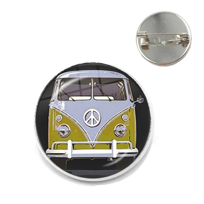 New Design Peace Sign Van Bus Brooch Pin Fashion Silver Color Glass Cabochon Hippie Car Badge Brooches Collar Pins For Women