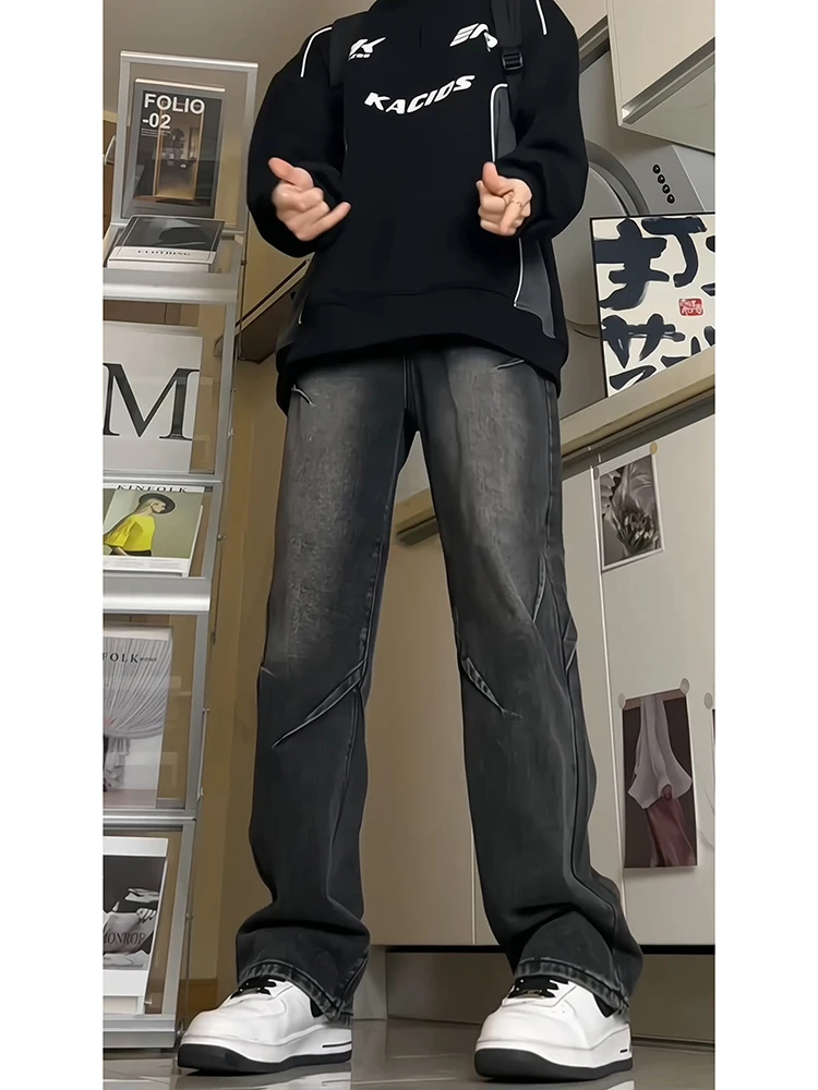 

Bla ey Straight Leg Men's Jeans Autumn Winter Loose Wide Leg Long Pants Casual Micro Flared American Sle Decosition ...