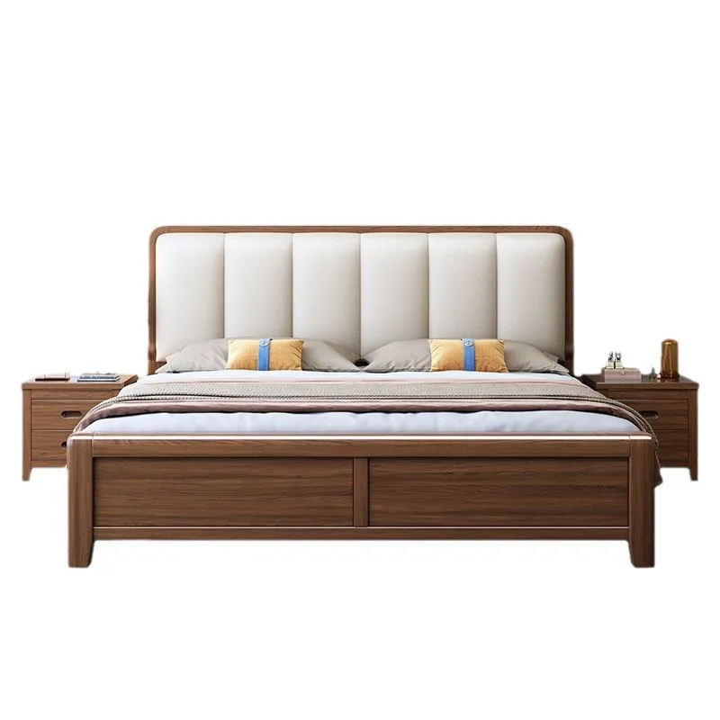 

Golden silk walnut solid wood bed, double modern simple high box storage wedding bed