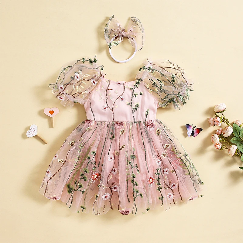 

Tregren 0-24M Baby Girls Embroidery Flower Romper Dress with Bow Headband Cute Puff Sleeve Mesh Bodysuits Summer Infant Clothes