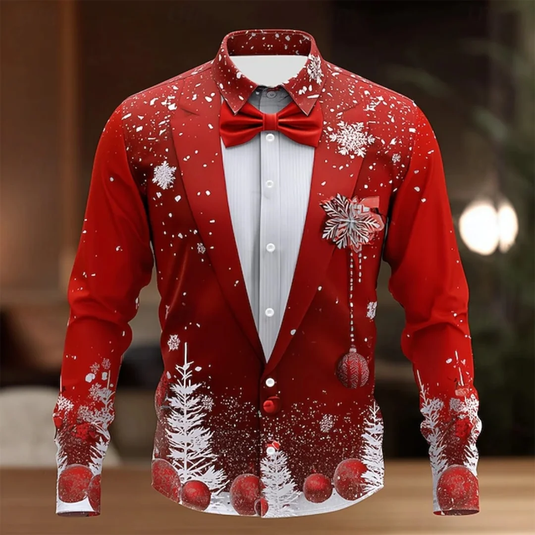 2026 New Christmas Men's Snowflake Tie Print Shirt Button Long Sleeve Festival Autumn and Winter Lapel Shirt Fast Shipping