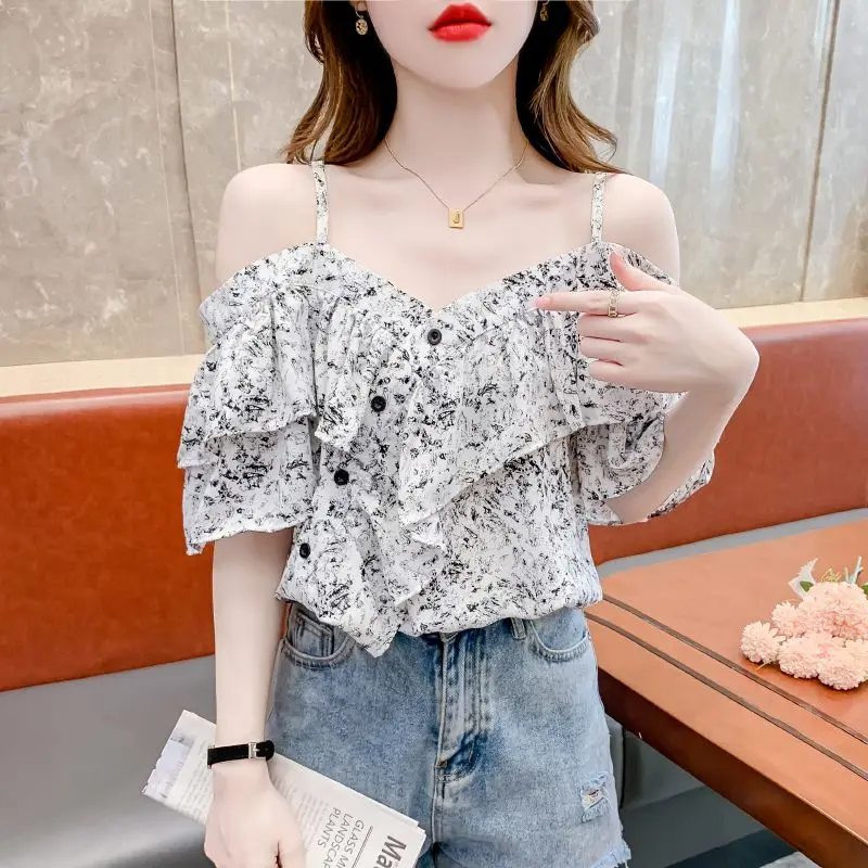 

Fashionable off-shoulder one-length short-sleeved shirt for women's summer new French ruffled suspender top
