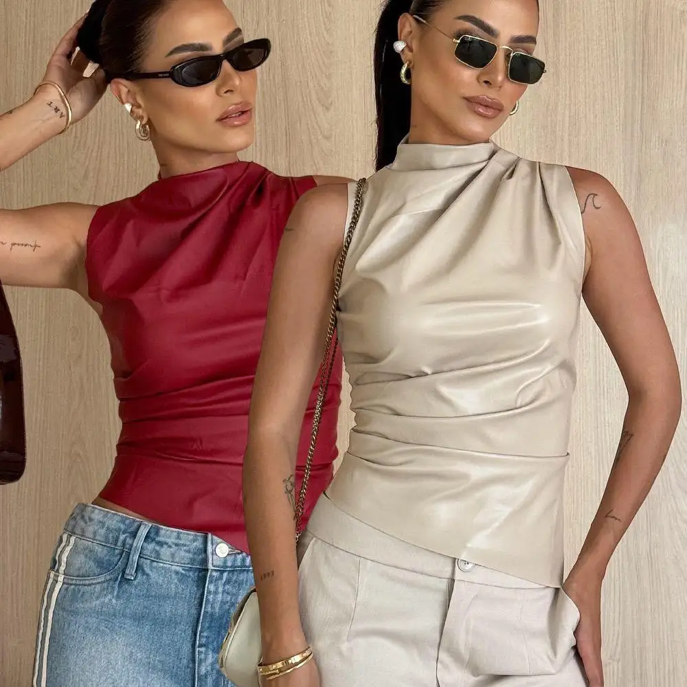 

Leather Vest Sle Top Women's Svel Stand Collar Asymmetrical Hem PU Fabric Autumn Season Ladies' Faion T-irt