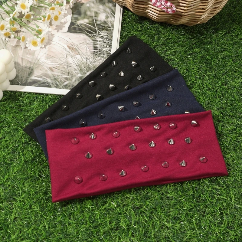 

X5XA Punk Hairband with Pointed Rivet Studs High Elastic Headwrap for Quick Styling