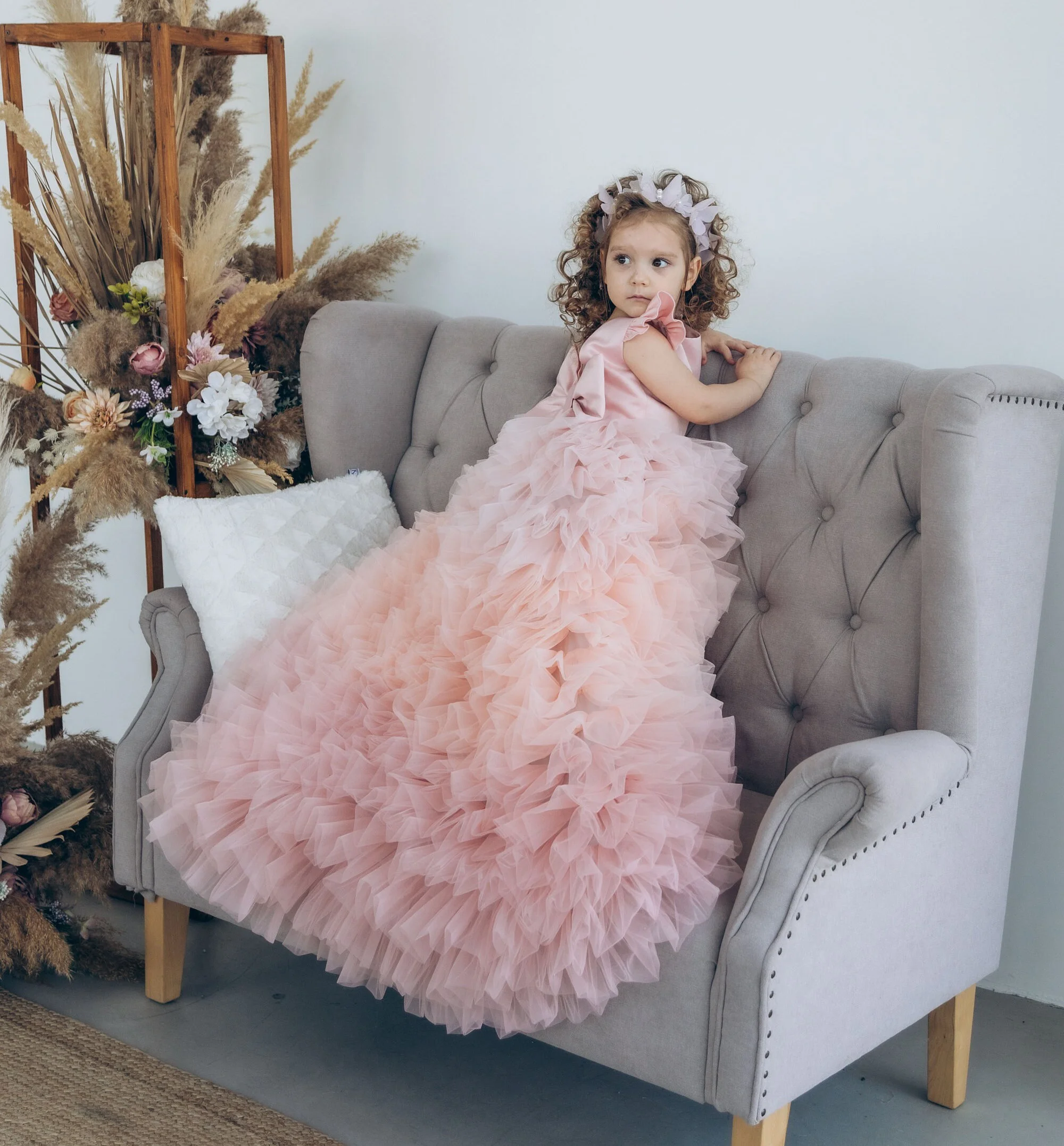 Blush Pink Gorgeous First Year Birthday Party Abito da bambina con strascico per bambino Tulle soffice abito da ragazza di fiori per matrimonio