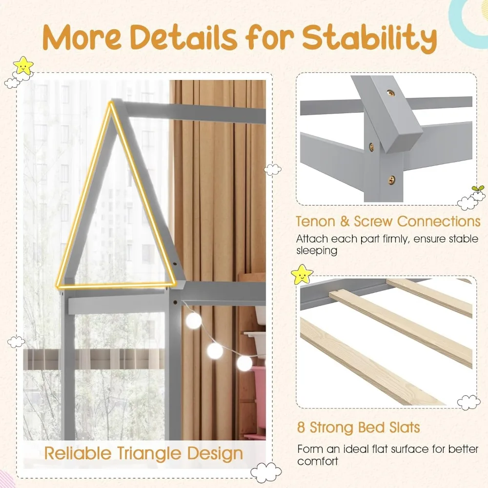 Giantex Twin House Bed, Wood Montessori Bed Frame with House Roof Canopy, Low Floor Bed with Sturdy Wood Slat Support