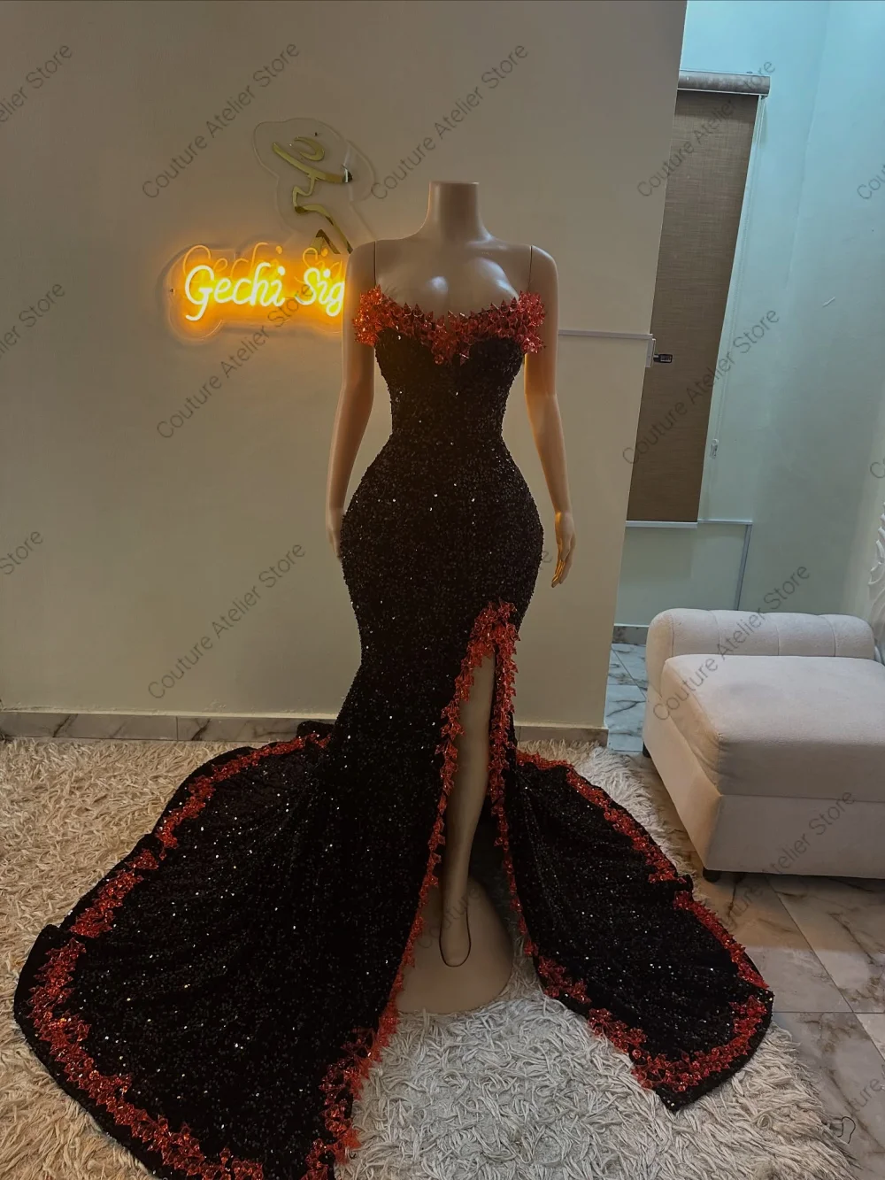 Pedras vermelhas dividir bola de formatura preto vestidos de baile preto menina sereia vestido de casamento africano sexy cocktail personalizado