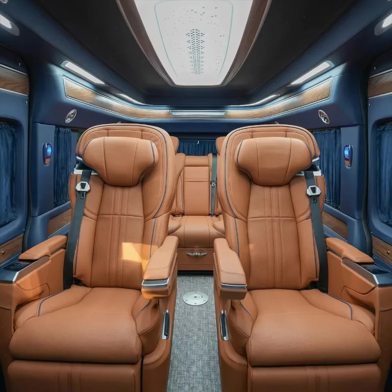 Portable Luxury Car Interior MPV Conversion Kit Aluminum Alloy PVC Tan Leather Seats Starry Roof Ambient Lighting