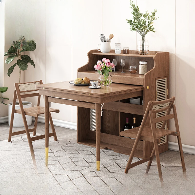 

Nordic solid wood dining table, foldable and extendable household small unit dining table, invisible storage, dining edge