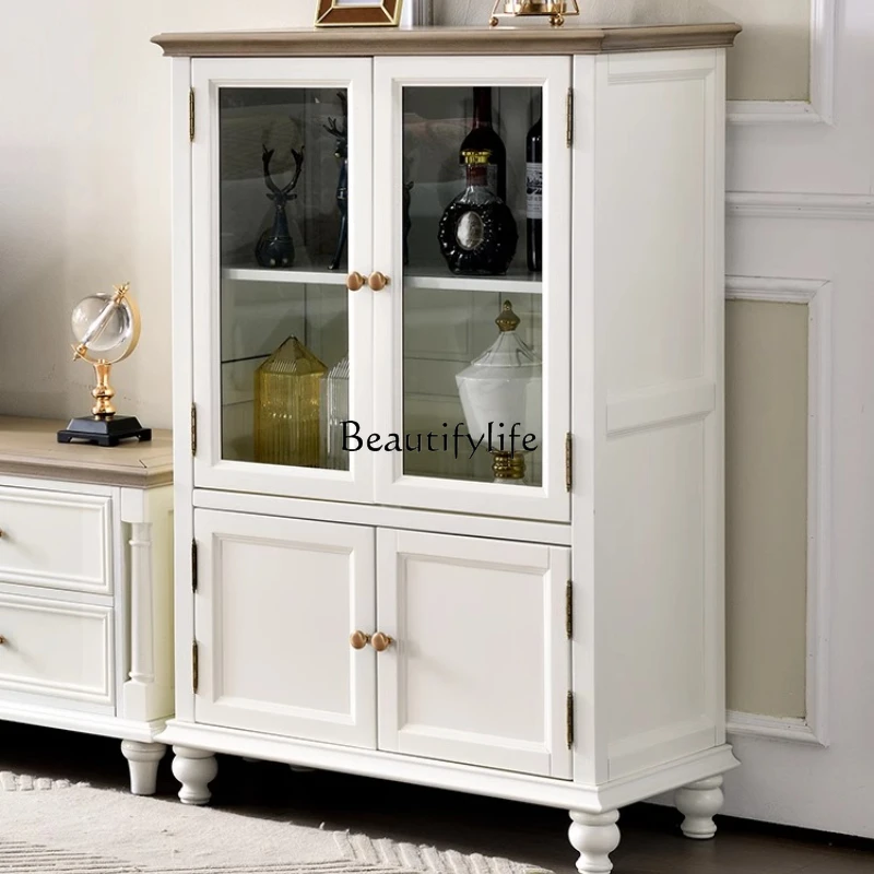 

American white cream wind solid wood living room storage wine cabinet 3C tempered glass side cabinet