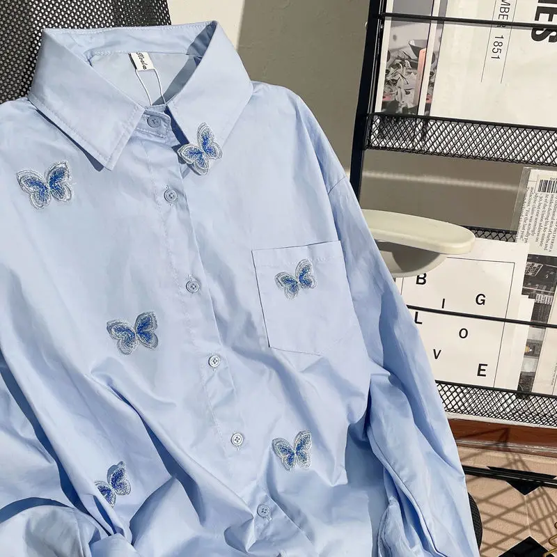 2023 Spring Blue Butterfly Decal Single Breasted Loose Shirt Women\'s Turn-Down Collar Embroidery Long Sleeve Blouse Female