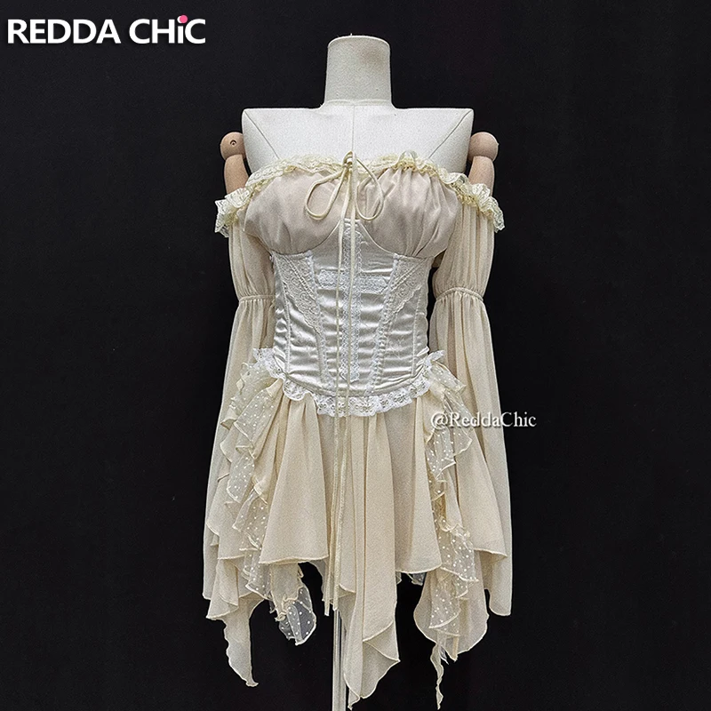 

ReddaChic Irregular Ruffle Women Mini Chiffon Dress Satin Stitch Lace Ribbon Split Long Sleeves One-piece Medieval Retro Clothes