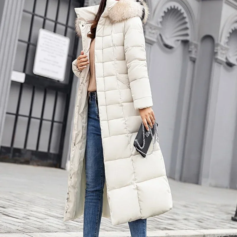 Winter Women's Jacket Warm Fashion Bow Belt Fur Collar Clothes Long Office Casual Women's Thick Hooded Coat