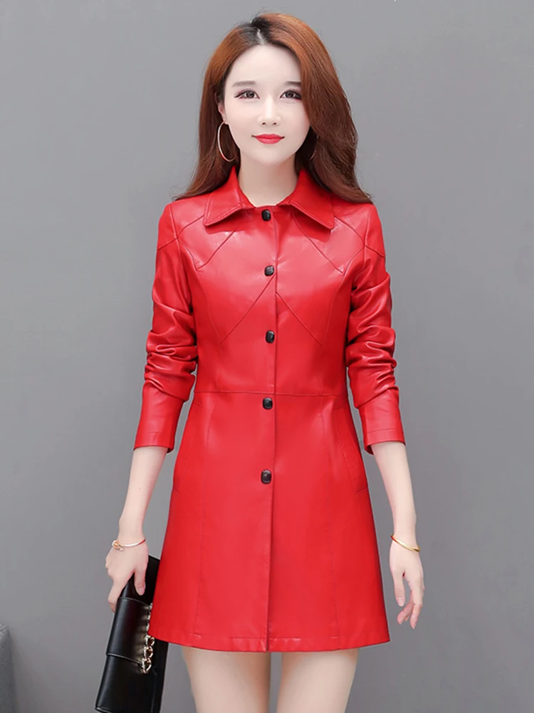2025年春 プラスサイズ レディース レザー ジャケット スリムフィット ミディアム丈 韓国風 スリム ヘイニングコート アウター ロングスリーブ 通勤用 S...