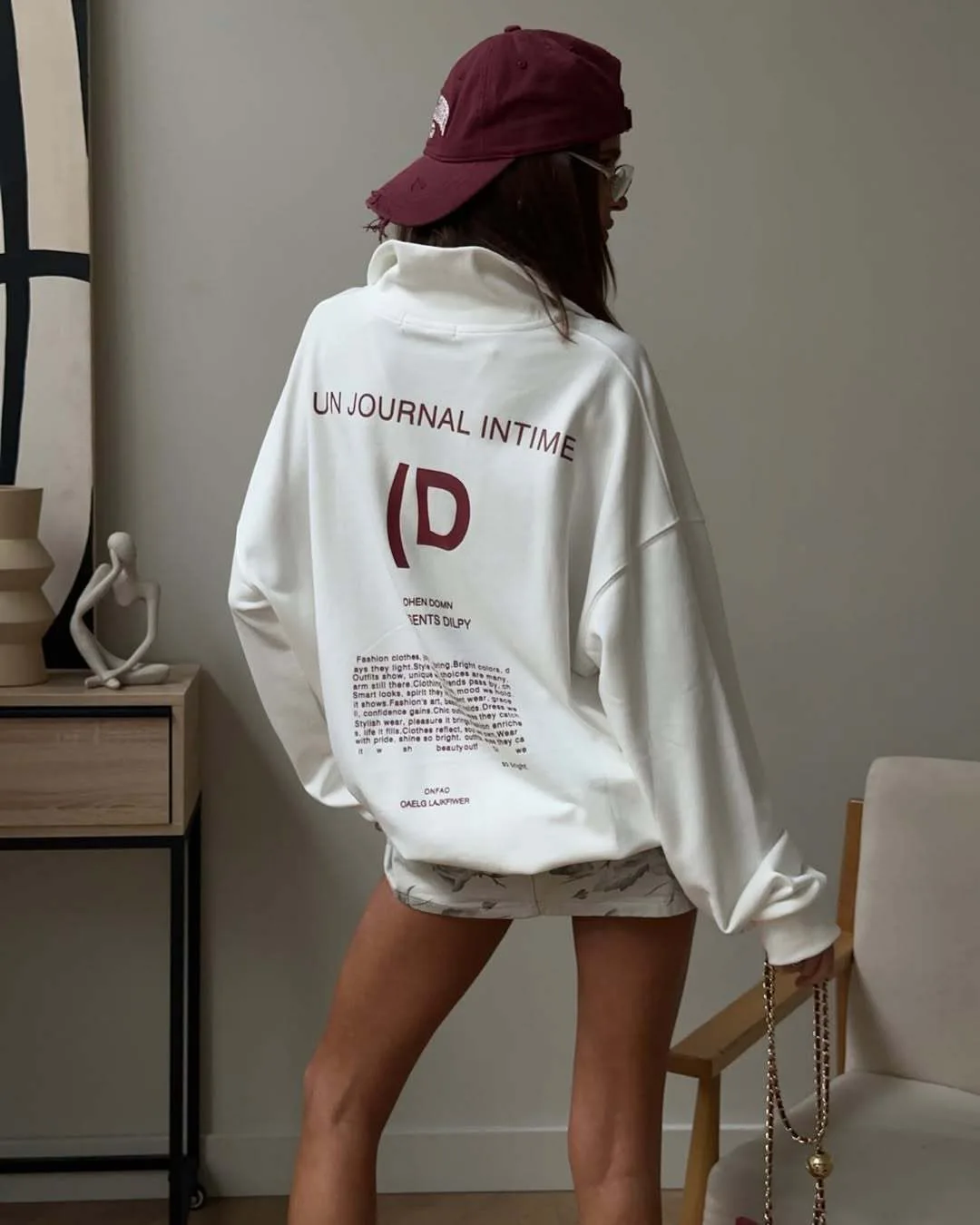 Women White Half Zip Sweatshirt Oversized High Neck Long Sleeve Pullover Top Back Graphic Print Casual Streetwear Y2K Fashion