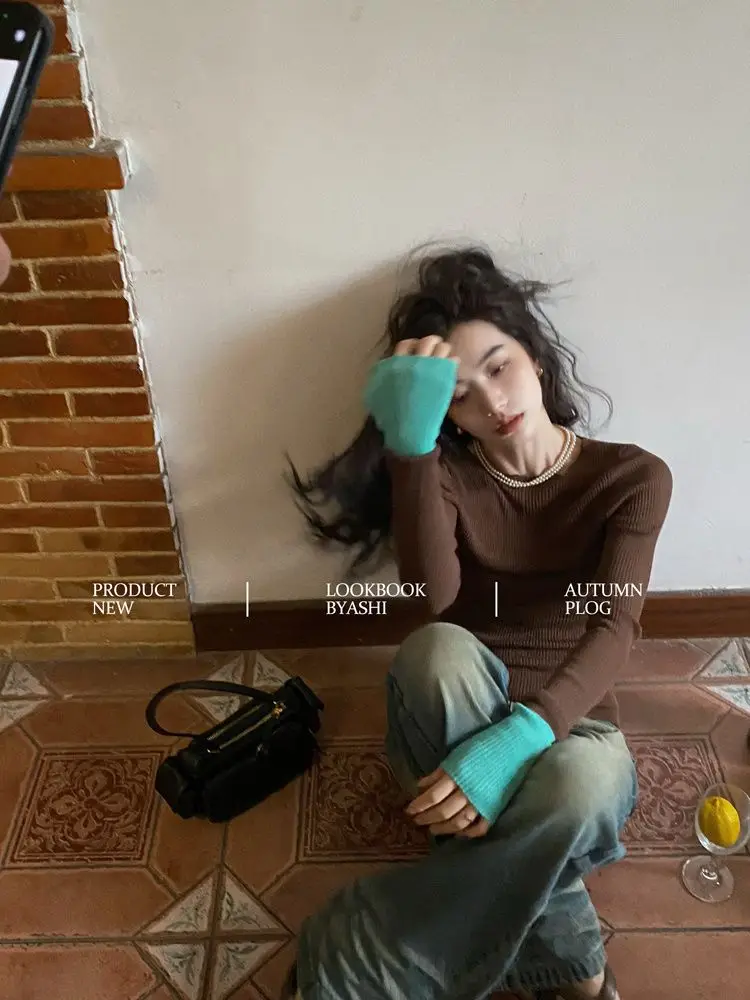 A Small Sense Of Design Vintage Ribbed Knitted Sweater Women Slim Cuff Patchwork Jumper Korean Contrast Knitwear Tops Bottoming