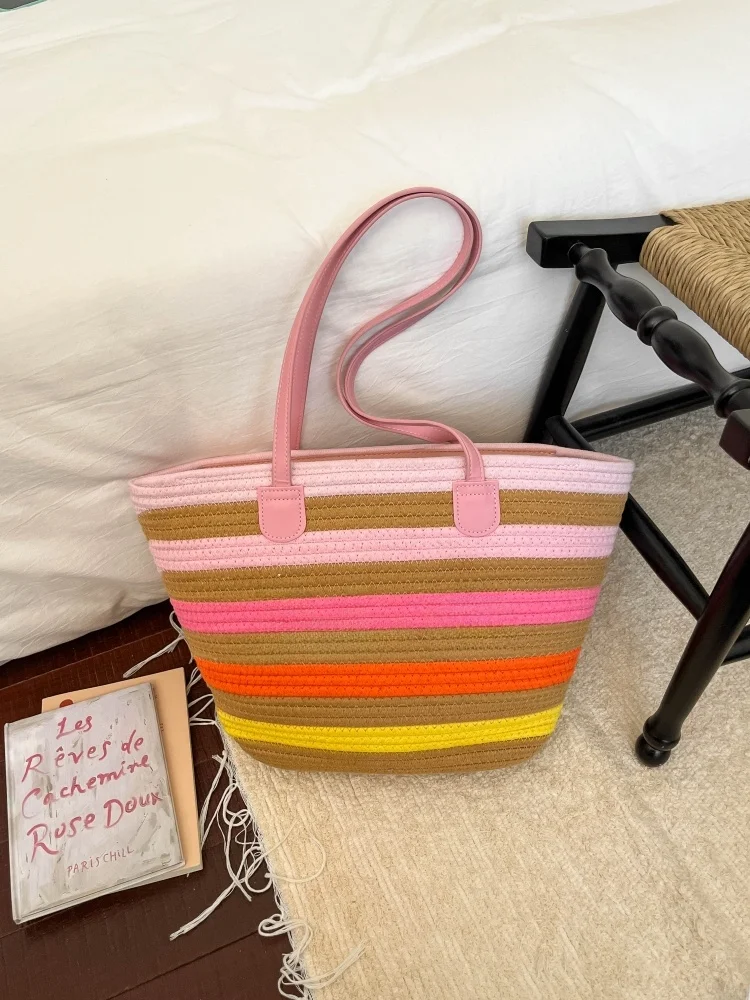Color Block Stripe Woven Tote Bag Women's Summer 2026 Large Capacity Vacation Style Beach Casual Single Shoulder Bag