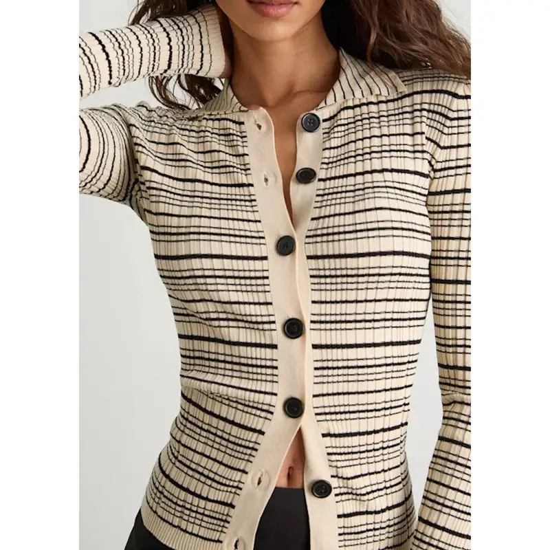 

Combhasaki женская трикотажная рубашка на пуговицах, повседневная приталенная стильная полосатая трикотажная рубашка с отложным воротником и длинными рукавами, кардиган, топы