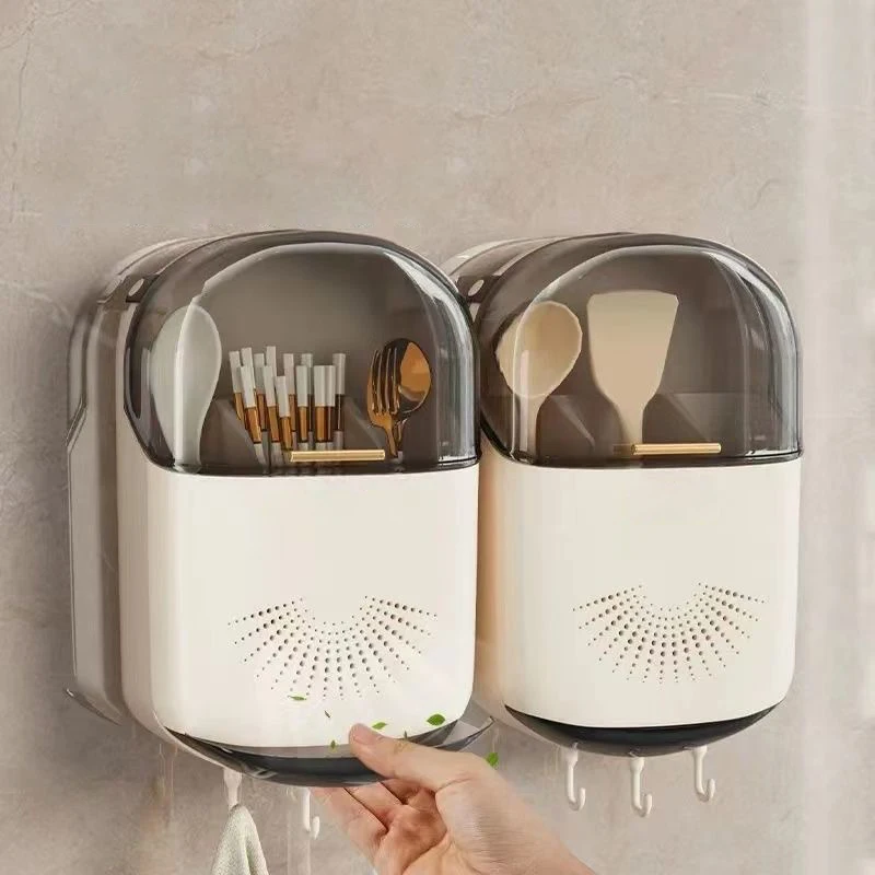 Cutlery Storage Box With Cover Lid On The Wall Storage Box Flatware Kitchen Household Utensil Dust Proof Chopstick Holder