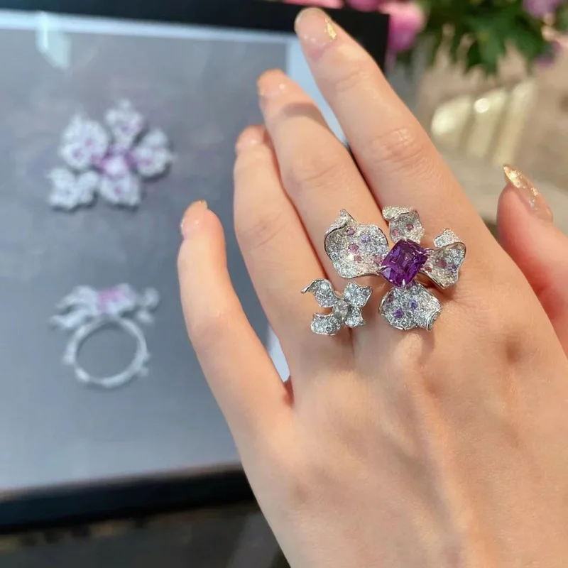 Sterling silver, dazzling purple diamond, colored gemstone, floral ring for women, open design, niche style, elegant gift