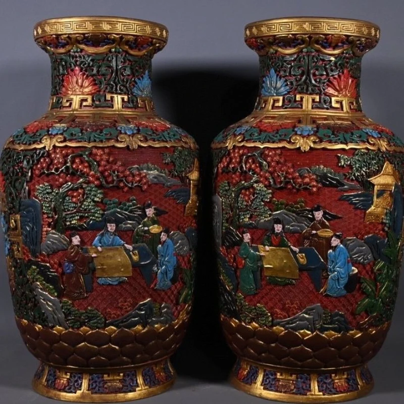 A pair of lacquerware painted large vase ornaments for household collection
