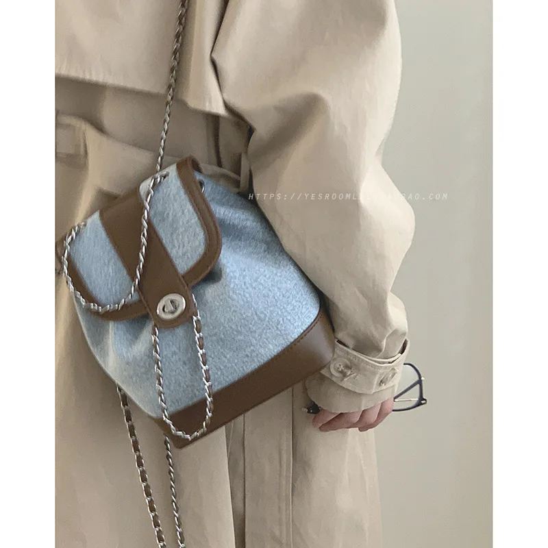 Y2K Style Flap PU Leather Patchwork Denim Backpacks Fashion Chain Drawstring Double Shoulder Bucket Bags Casual Brown Handbags