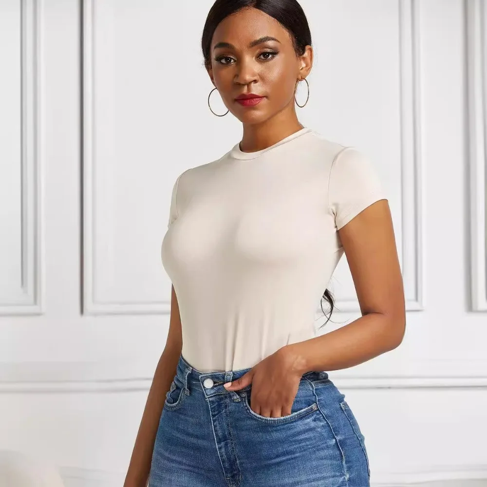 قطعة واحدة ملابس داخلية نسائية ضيقة بأكمام قصيرة رومبير نسائي غير منتظم بلون سادة ملابس علوية نسائية غير رسمية للصيف #2