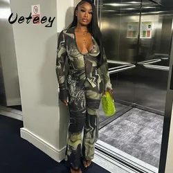 Ueteey Women's Set Printed Long Sleeve Button Shirt and Wide Leg Pants 2024 Streetwear Casual Two 2 Piece Set Outfit Tracksuit