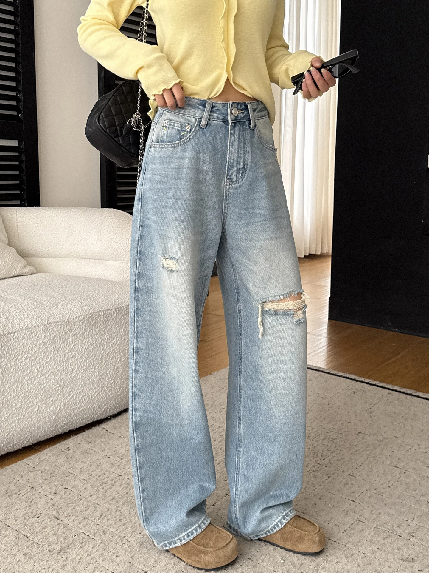 

Spring New Women's High Waist Wide Leg Jeans Casual Waed Blue Denim Pants Loose Fit Floor Length Torn Hole Design Breathable