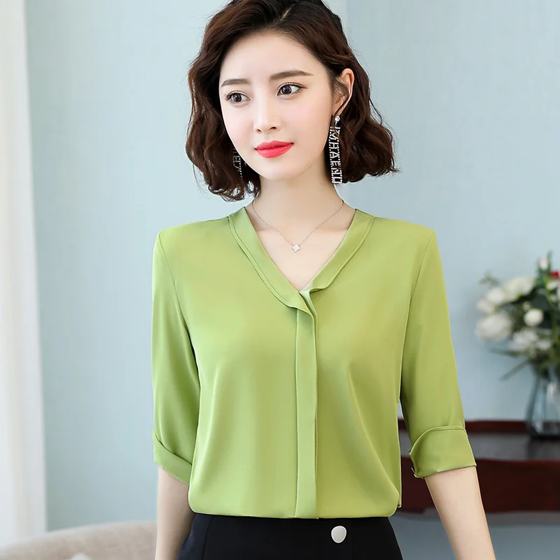 New Women'S Fashion Versatile Thin Chiffon 5-Point Sleeve Shirt Female Casual Korean Edition Summer V-Neck Middle Sleeve Top