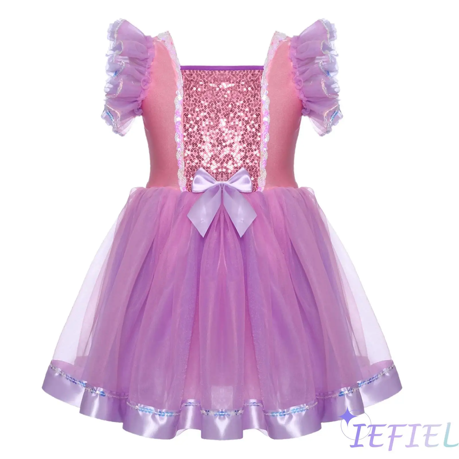 

Kids Girls Ballet Dance Costume Square Neck Sequins Ruffled Sleeves Tutu Dress with Headwear Pantyhose for Recital Performance