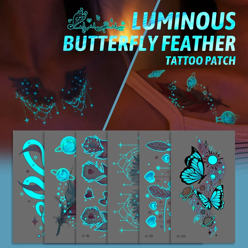 Blue Luminous Tattoo Sticker Music Concert Butterfly Feather Glowing Waterproof Fake Temporary Tattoo For Body Art Women Men