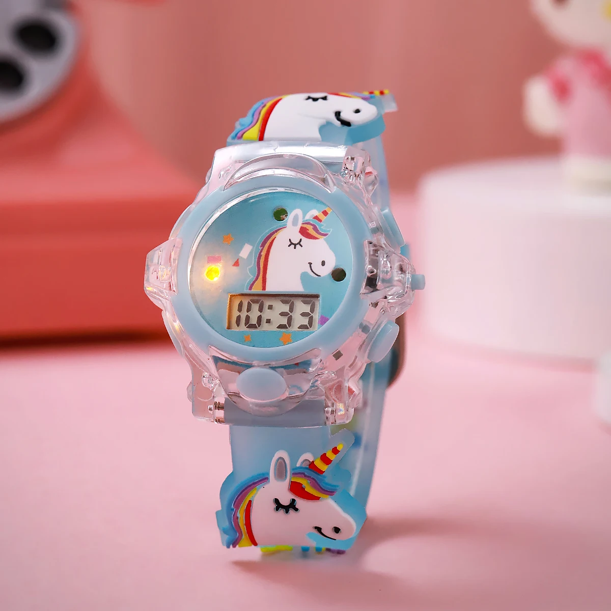 ساعة متوهجة بنمط حفلة وحيد القرن كرتونية لطيفة للأطفال، مناسبة للارتداء اليومي وهدايا المهرجانات