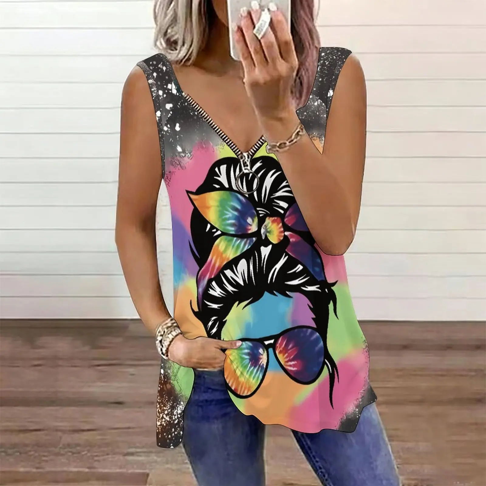 Women Print Tank Top Zip V Neck Sleeveless Tunic Shirt Irregular Hem Casual Summer Vest