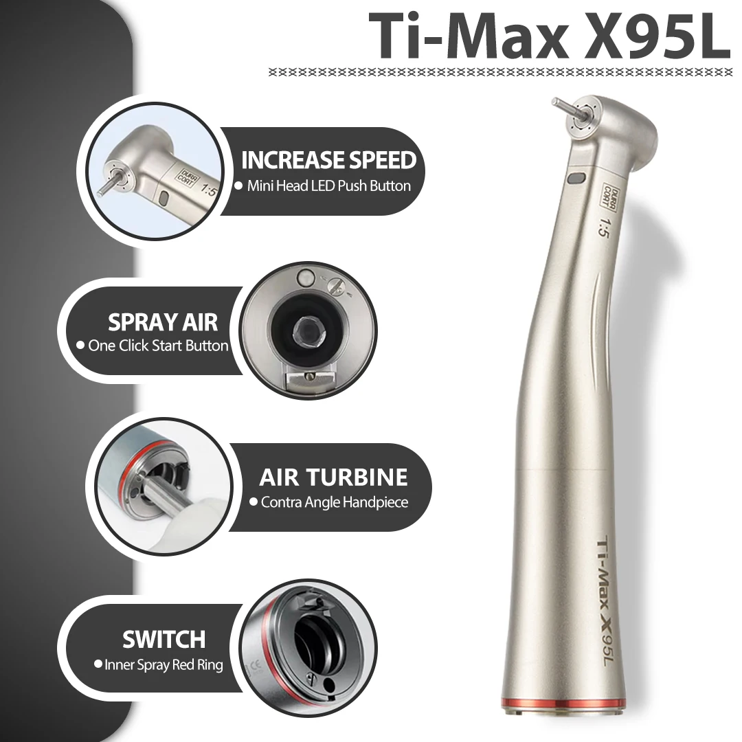 X95L contraangulo Dental 1:5 Increasing Speed Handpiece Against Contra Angle LED Optic Fiber Quattro Spray Red Rings