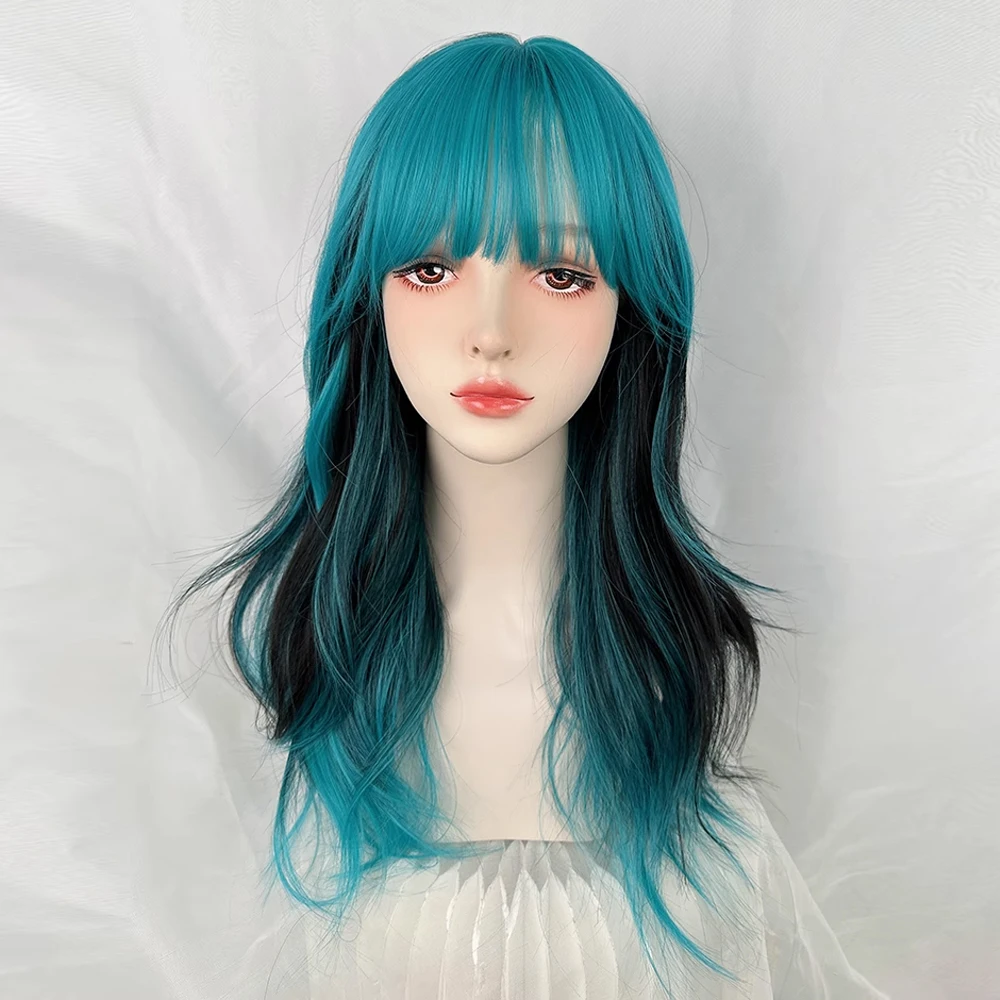 Ombre Highlights Blue Black Wig Long Synthetic Wavy Women Fluffy Lolita Cosplay Hair Wig for Daily Party