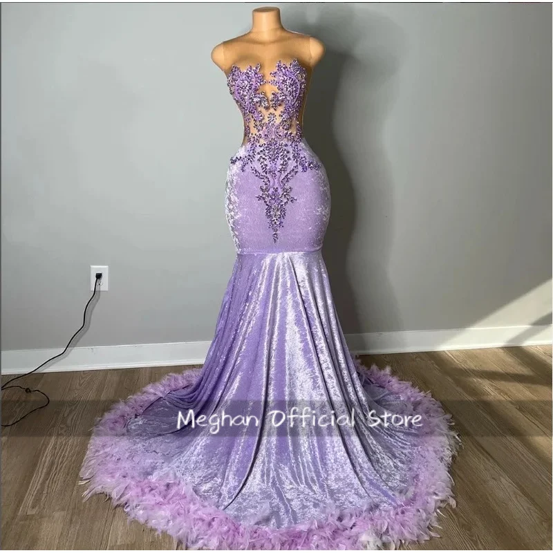 

Lilac Purple Velvet Mermaid Prom Dress Luxury Crystal Beaded Sheer Black Girl Birthday Party Customized vestido de gala