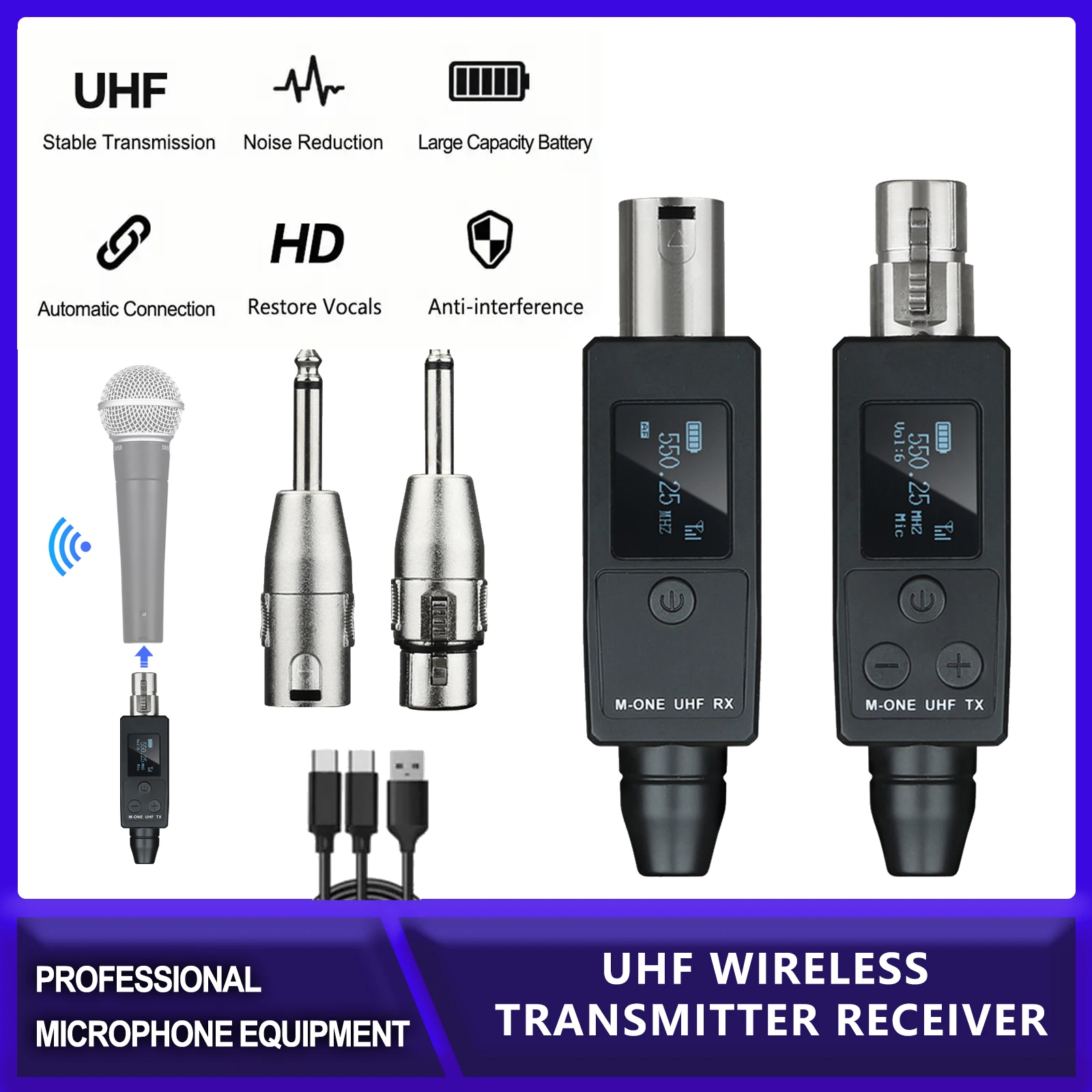 

UHF Microphone wireless system for dynamic microphone M-ONE audio transmitter and receiver wired to wireless system