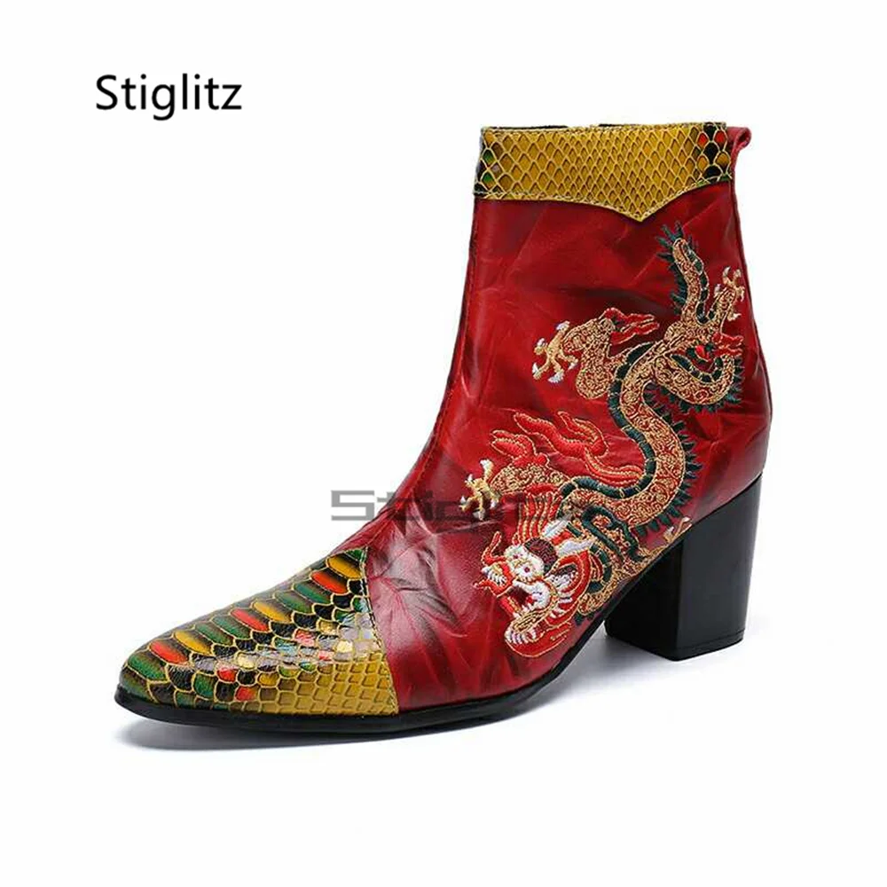 Embroidery High Heels Chelsea Boots Men Patchwork Side Zipper Ankle Boots Handmade Business Dress Wedding Shoes Autumn Winter