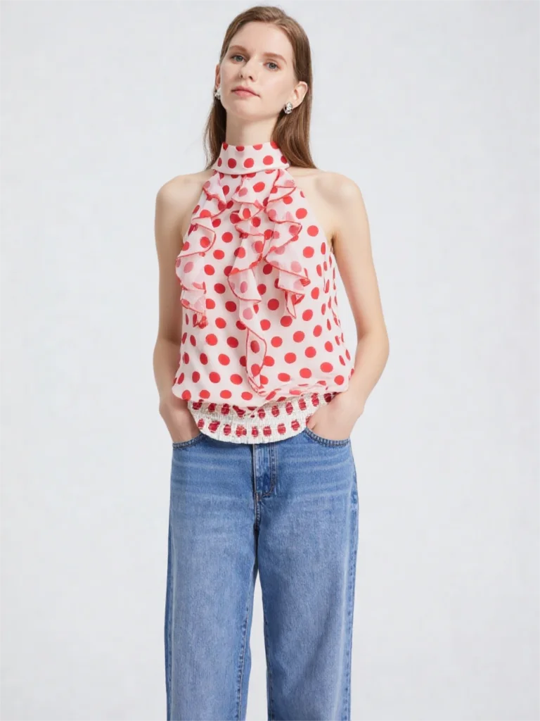 Y2k Woman Clothes High Collar Red Dot Women's Tanks Summer Sweet Sleeveless Ruffles Tops Work Wear Female Clothing