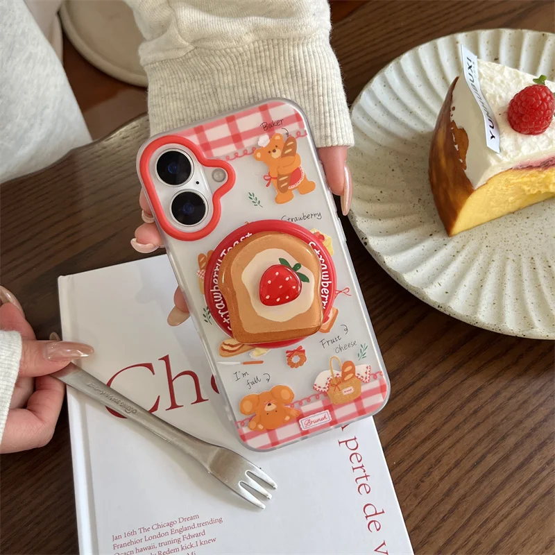 Korea Cute Cartoon Bread Bear Magsafe Wireless Charge Case  For iPhone 13 14 15 16Pro Max Lovely Strawberry Cake Magnetic Holder