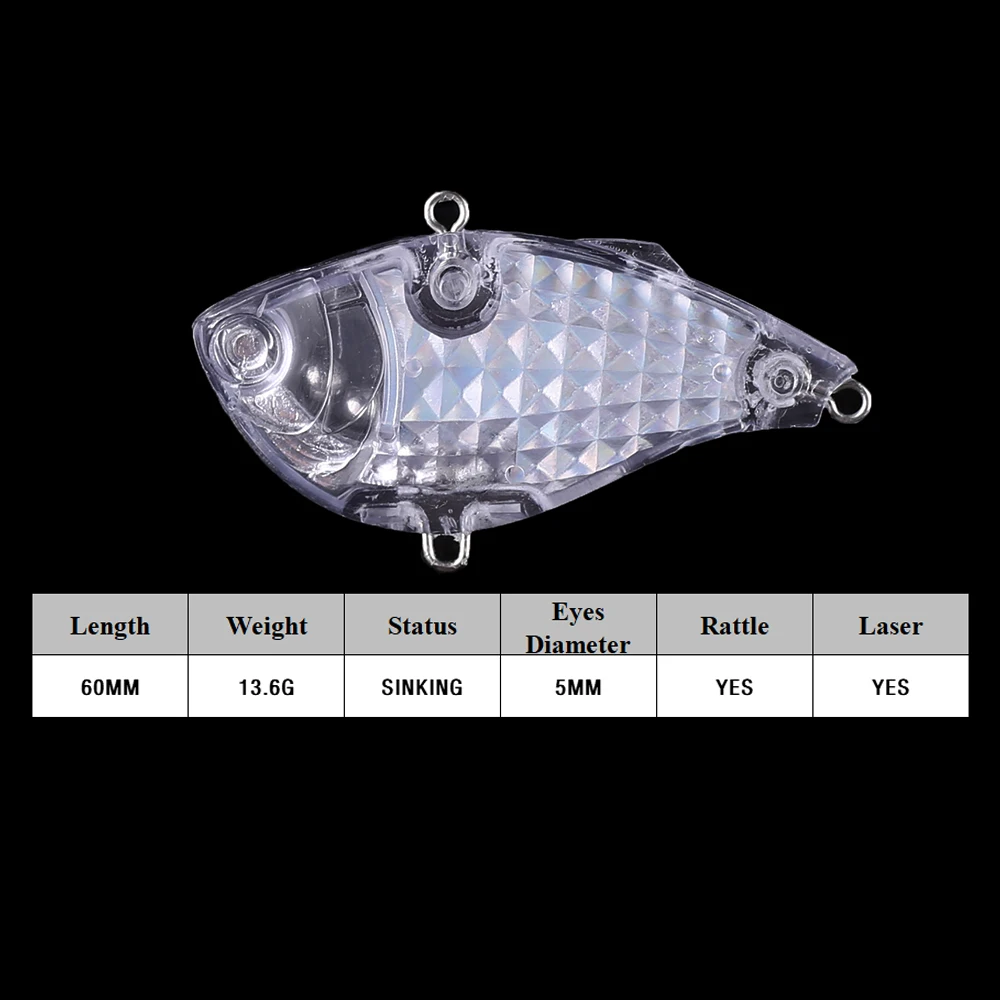 Chan’sHuang 20PCS Unpainted Blanks Bait 6CM 13.6G Sinking Laser VIB Rattle Vibration DIY Handmade Artificial Fishing Lure Tackle