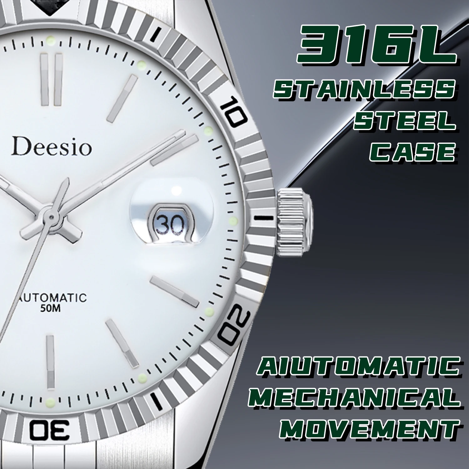 Deesio relógio mecânico automático masculino de luxo 50m à prova d'água vestido de negócios caixa de aço inoxidável luminoso presente perfeito para ele