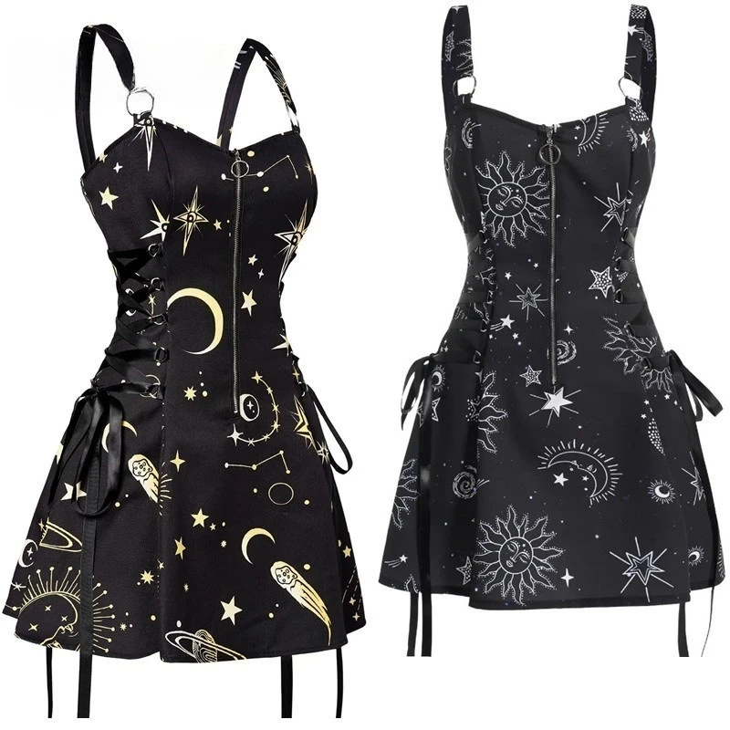 Zon Sterrenprint Jurk Halve Rits Lace Up Hoge Taille Band Een Lijn Mini Gewaad Mode Casual Tank Playsuit voor Vrouwen Lolita
