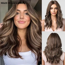 Długie faliste kręcone włosy syntetyczne Koronkowe peruki dla kobiet Ombre Brown Highlight Color Wig Lace Frontal Wig for Daily Party Use