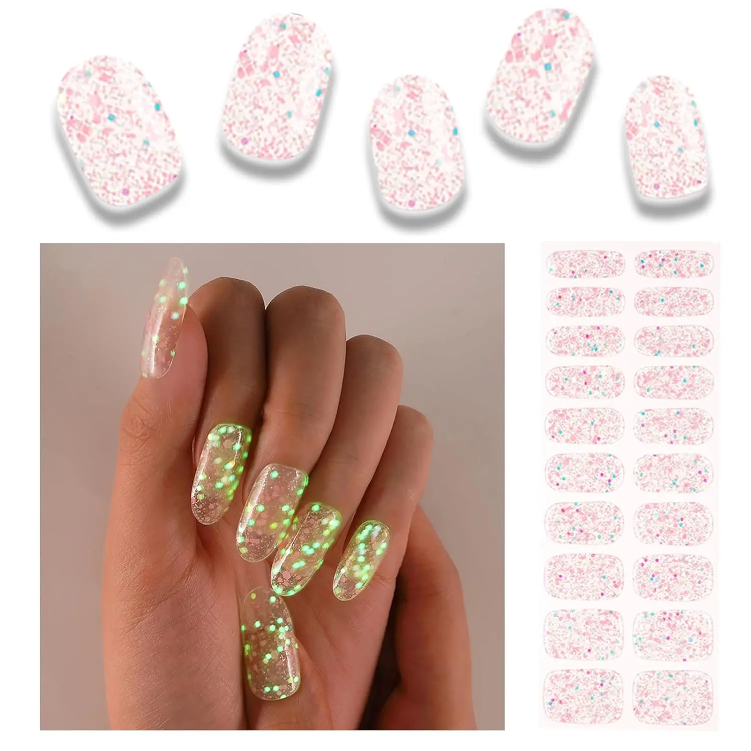 20Tips Semi cured gel Nail Patch Solid Pink Macaron Adhesive Slider Long term Full coverage Nail Patch UV Lamp Need