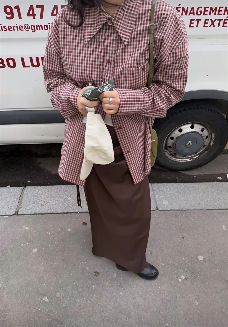 

Red Plaid Loose Casual irt Women's Pure Cotton Autumn Winter New Sle PREON Workwear Classic Collar Long Sve Buttoned