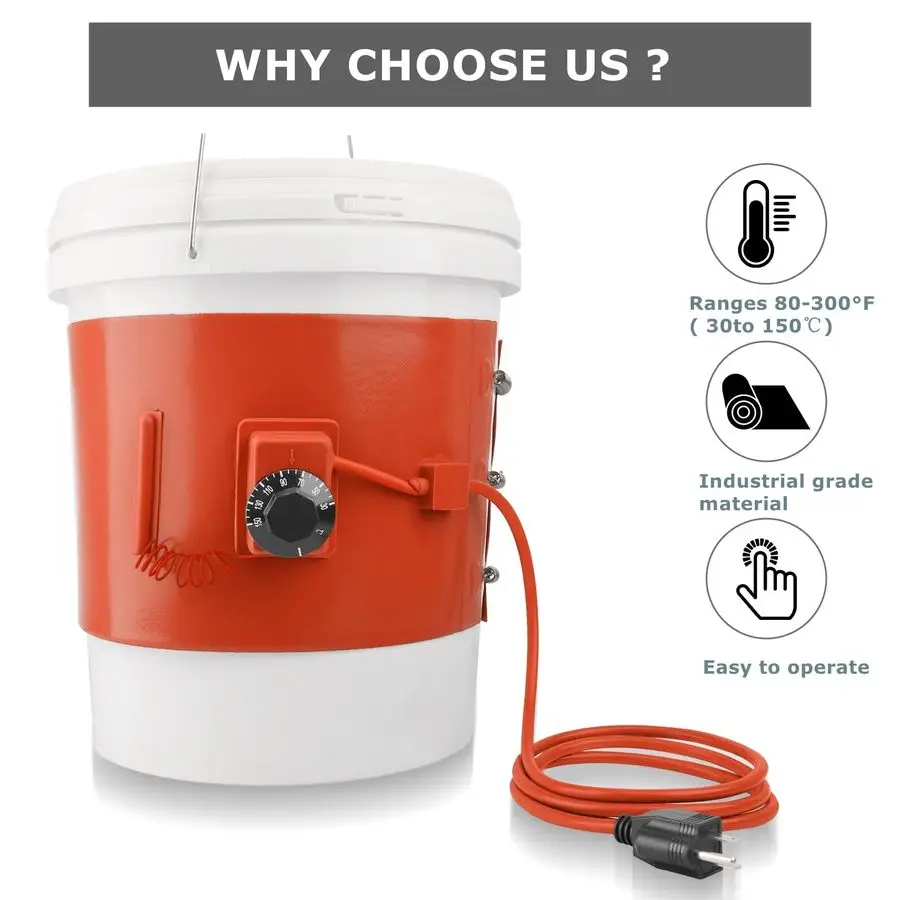 سخان الطبل، سخان دلو طبل 5 جالون 120 فولت 800 وات شريط تسخين معزول مع وحدة تحكم في درجة الحرارة للبلاستيك المعدني والعسل Buc